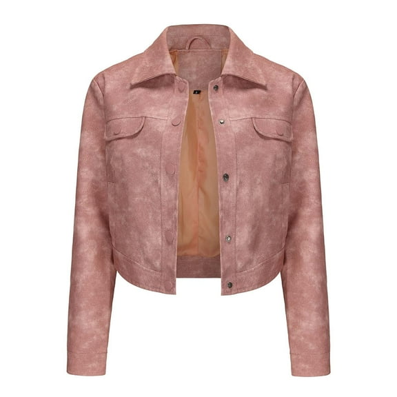 ChaoHeng Ladies Jackets Lightweight Petite Tops Button Fashion Casual,Womens Solid Color Short Thin Leather Jacket Long Sleeved Casual Jacket(Pink,XL)