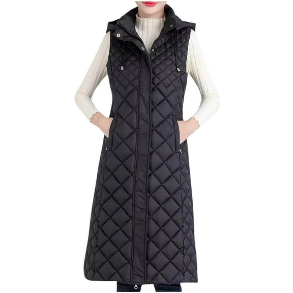 ChaoHeng Ladies Jackets Long Sleeve Solid Button Pocket Clearance,Women's Solid Color Sleeveless Lightweight Loose Hooded Winter Long Cotton Clothing Parkas(Black,L)