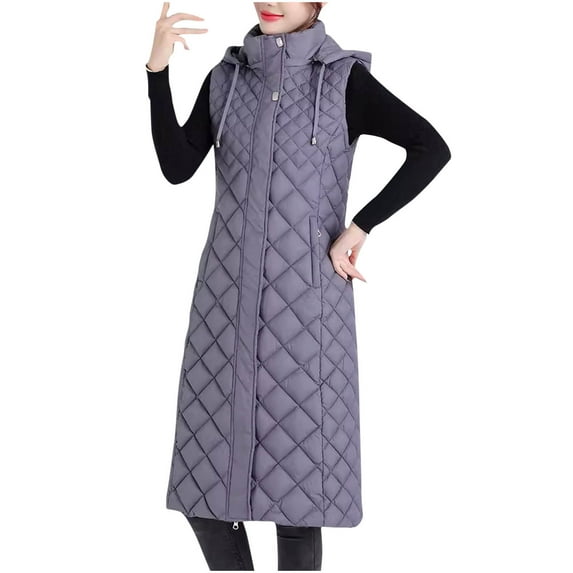 ChaoHeng Ladies Jackets Long Sleeve Solid Button Pocket Clearance,Women's Solid Color Sleeveless Lightweight Loose Hooded Winter Long Cotton Clothing Parkas(Purple,XL)