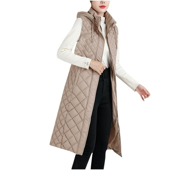 ChaoHeng Ladies Jackets Long Sleeve Solid Button Pocket Clearance,Women's Solid Color Sleeveless Lightweight Loose Hooded Winter Long Cotton Clothing Parkas(Khaki,L)