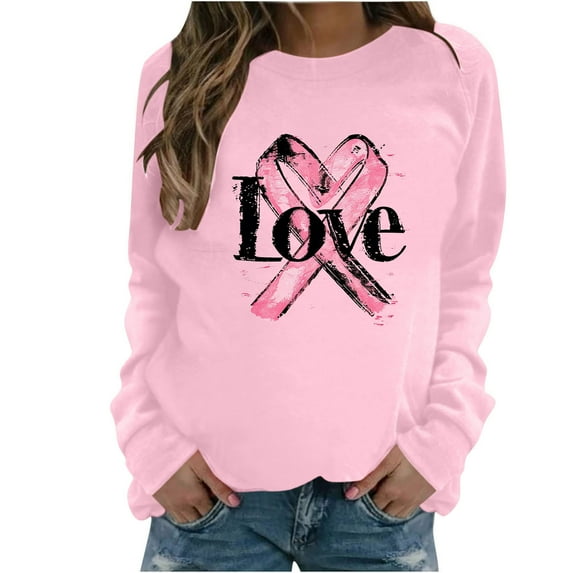 Spring Tops for Women!ChaoHeng Ladies Long Sleeve Hoodie Round Neck Tops Shirts Prevent Breast Cancer Trendy(Pink,XXL)