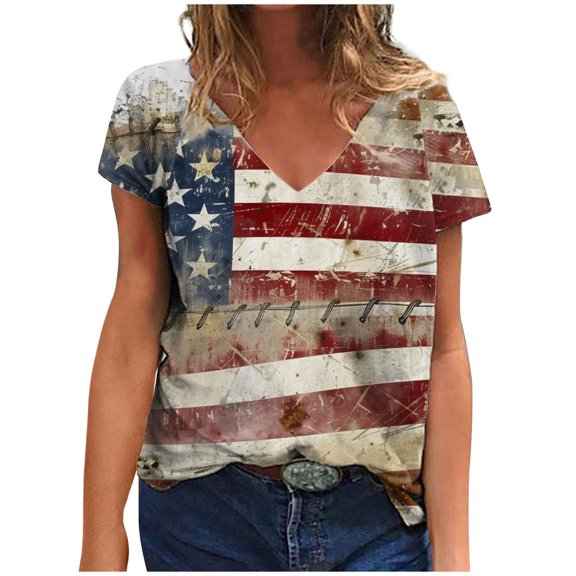 ChaoHeng Ladies Tops Print Tops for Women Plus Size Independence Day Women's Top Short Sleeved Fashionable Printed V-Neck Short Sleeved T-Shirt