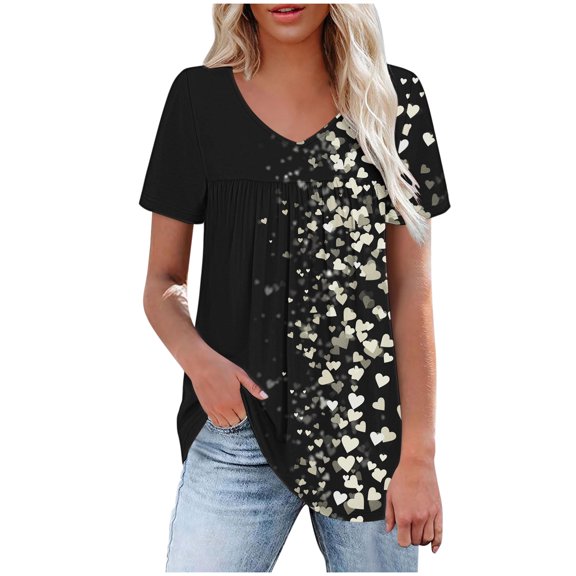 ChaoHeng Ladies Tops Trendy Blouses for Women Dressy Casual Women's New Short Sleeved V-neck Pullover with Pleated Chest Casual and Fashionable Printed Top Short Sleeved V-neck Top/Shirt