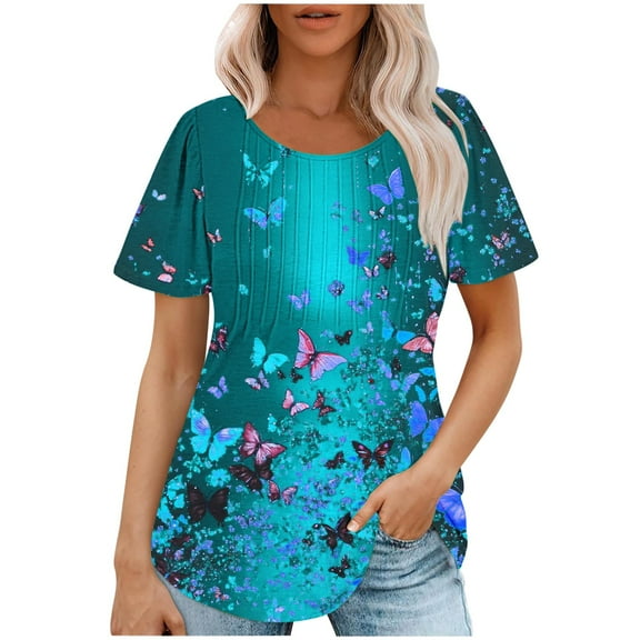 ChaoHeng Womens Plus Size Tops Ladies' Round Neck Short Sleeve Loose Casual Printed Top