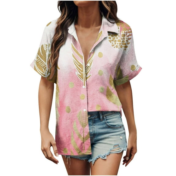 ChaoHeng Blouses for Women Plus Size Clearance Women's Floral Print Button-Up Lapel Neck Loose Blouse