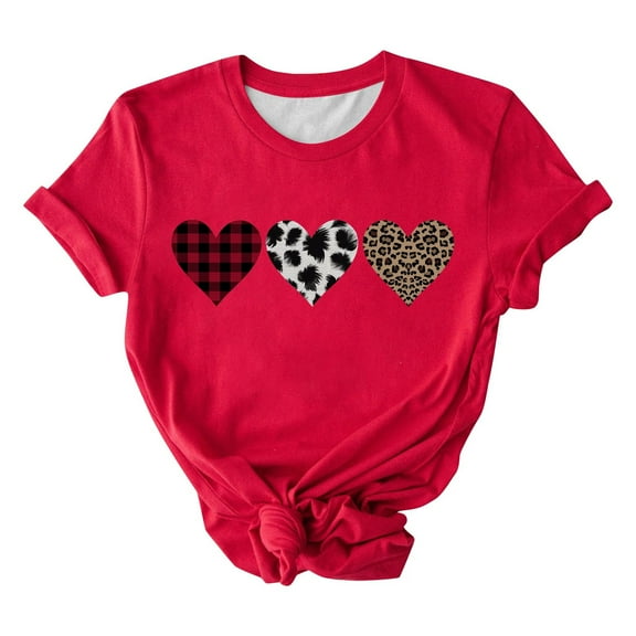 ChaoHeng Ladies Tops and Blouses Trendy Short Sleeve Tops for Women 2025 Ladies' Valentine's Day Printed Casual Pullover Round Neck Short Sleeved Top