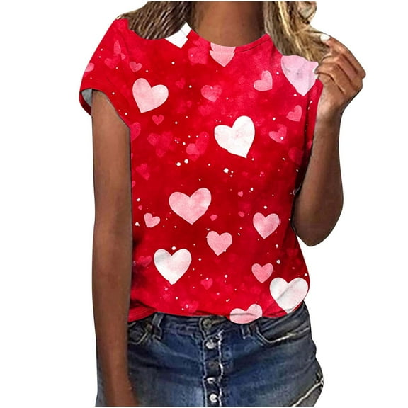 ChaoHeng Ladies Tops and Blouses Women Tops Spring Summer Women Valentine's Day Love Printed Casual Printed Round Neck Top
