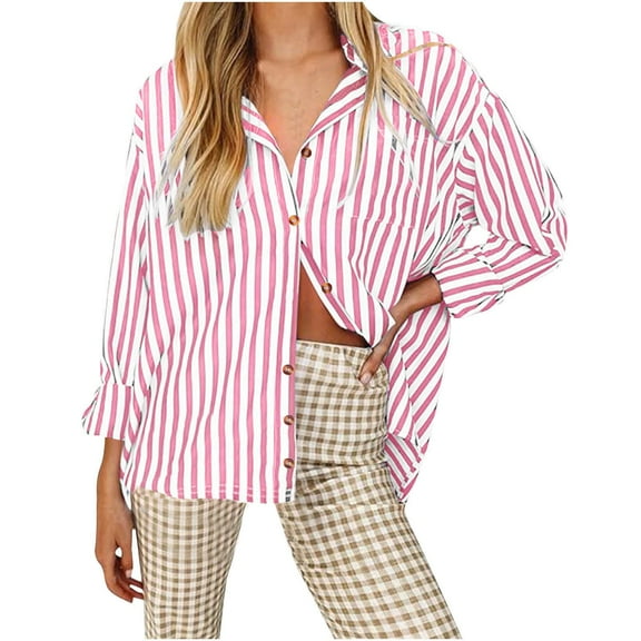 ChaoHeng Long Sleeve Blouses for Women Women's Striped Long Sleeve Shirt,Casual Loose Button Down Blouse