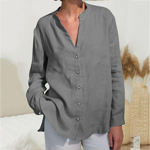 ChaoHeng Long Sleeve Blouses for Women Women's V-Neck Button Down Shirt,Split Sleeve Relaxed Tunic Top in Solid Colors