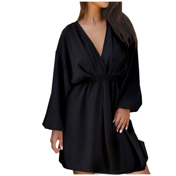 ChaoHeng Long Sleeve Dresses for Women Plus Size Deals Trendy Dresses for Women 2025 Holiday Women's Solid Color Casual V-neck Lantern Long Sleeve Waist Dress