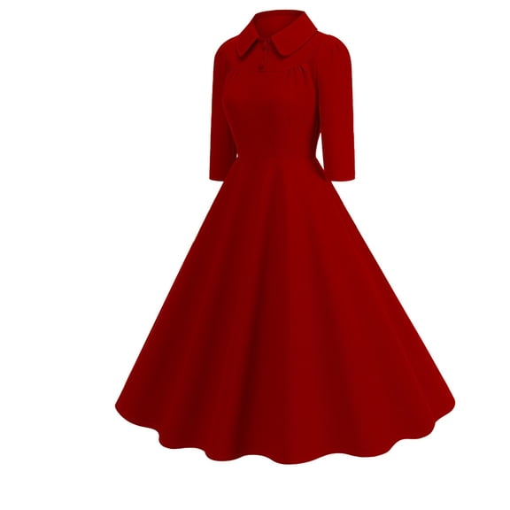 ChaoHeng Long Sleeve Dresses for Women Plus Size Women's Vintage 3/4 Sleeve Dress Retro Style Mid-Length A-Line Dress,L