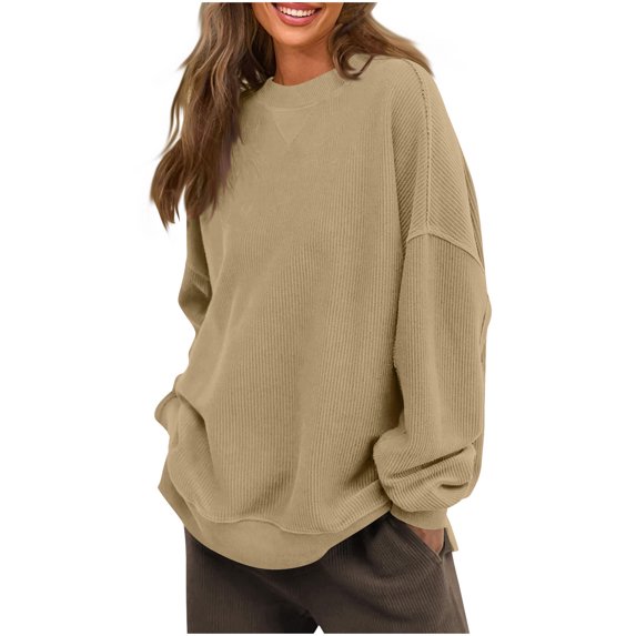 ChaoHeng Long Sleeve Plus Size Tops Women'S Solid Color Crew-Neck Casual Long-Sleeved Pullover Hoodie