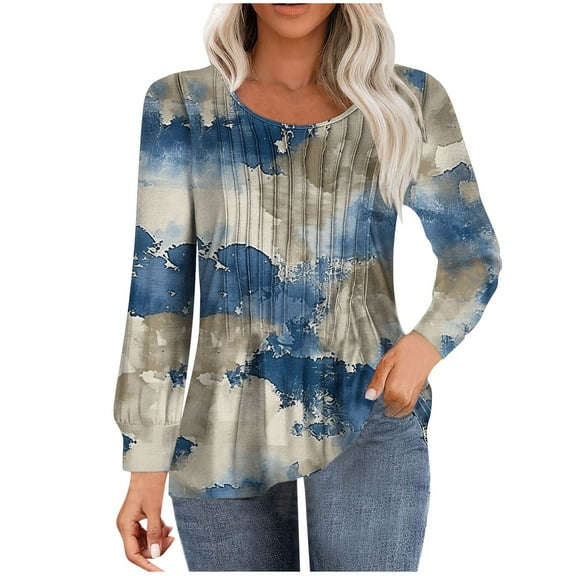 ChaoHeng Long Sleeve Shirts for Women 2024 Fall,Women's Casual Long-sleeved Loose Round Neck Non-positioned Printed Top(Blue,S)