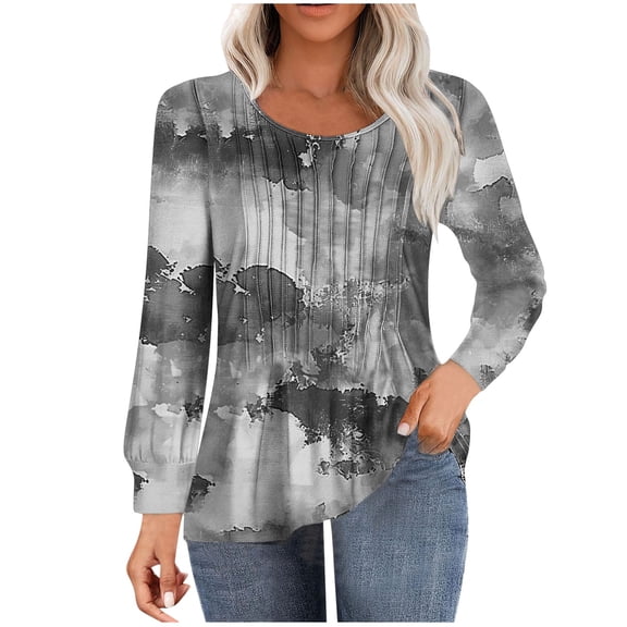 ChaoHeng Long Sleeve Shirts for Women 2024 Fall,Women's Casual Long-sleeved Loose Round Neck Non-positioned Printed Top(Gray,XL)
