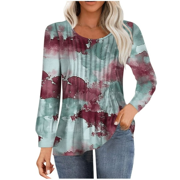 ChaoHeng Long Sleeve Shirts for Women 2024 Fall,Women's Casual Long-sleeved Loose Round Neck Non-positioned Printed Top(Green,L)