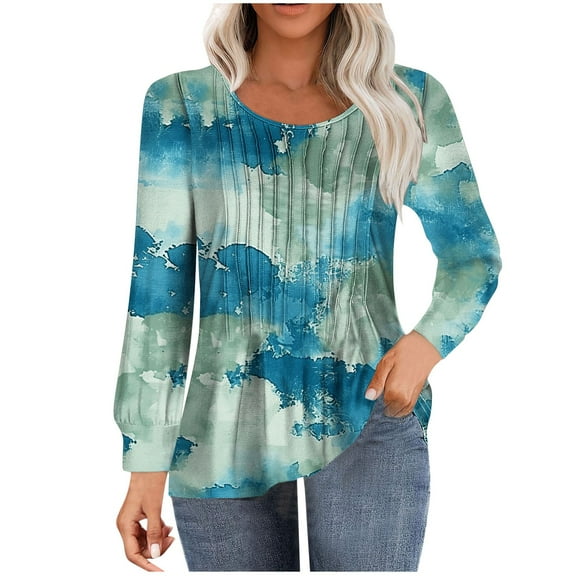 ChaoHeng Long Sleeve Shirts for Women 2024 Fall,Women's Casual Long-sleeved Loose Round Neck Non-positioned Printed Top(Light Blue,S)