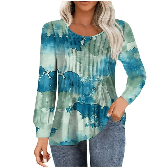 ChaoHeng Long Sleeve Shirts for Women 2024 Fall,Women's Casual Long-sleeved Loose Round Neck Non-positioned Printed Top(Light Blue,XL)