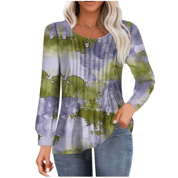 ChaoHeng Long Sleeve Shirts for Women 2024 Fall,Women's Casual Long-sleeved Loose Round Neck Non-positioned Printed Top(Purple,XXL)