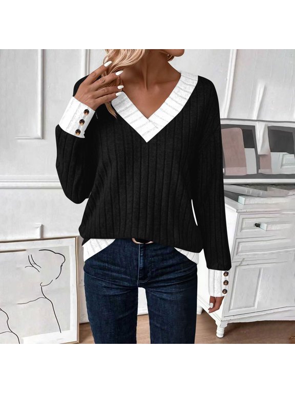 Long Sleeve Shirts for Women Dressy Burgundy Colorblock Rib Knit V Neck Office Layering Top Black XL