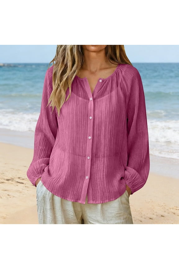 Long Sleeve Shirts for Women Solid Raglan Sleeve Crew Neck Sun Protection Summer Casual Shirt Hot Pink L