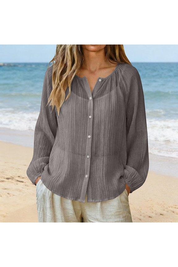 Long Sleeve Shirts for Women Summer Solid Raglan Sleeve Crew Neck Sun Cover Up Light Shirt Dark Gray S