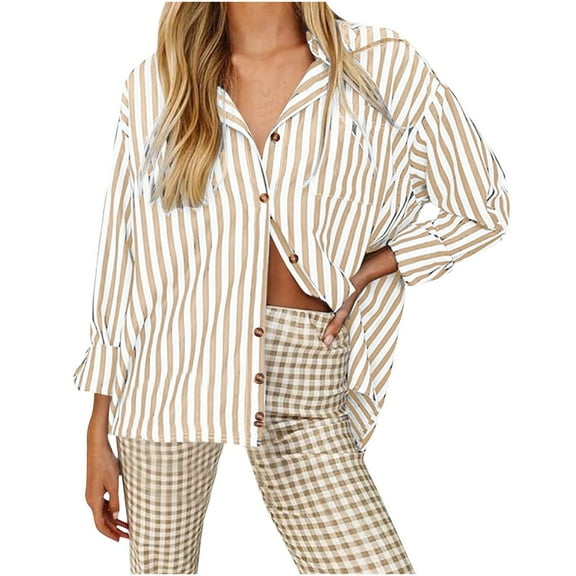 ChaoHeng Long Sleeve Shirts for Women Women's Striped Long Sleeve Shirt,Casual Loose Button Down Blouse
