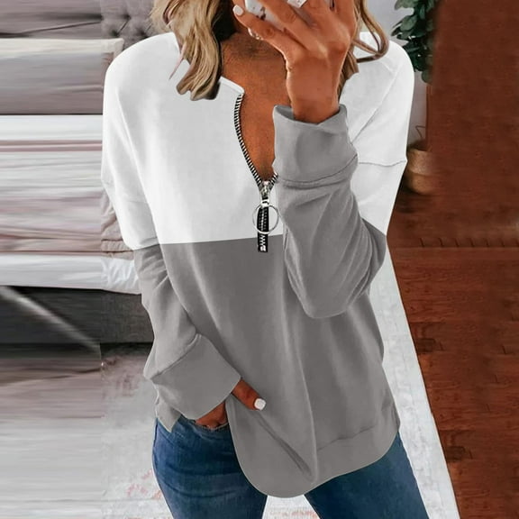 ChaoHeng Long Sleeve Tops for Women Women's Zip Front V-Neck Top,Solid Color Block Casual Loose Shirt