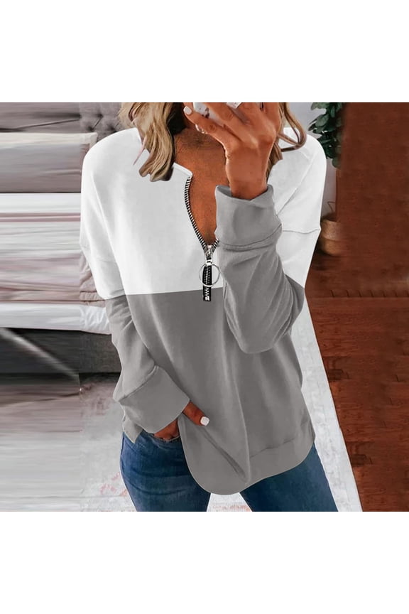 Long Sleeve Tops for Women Women's Zip Front V-Neck Top,Solid Color Block Casual Loose Shirt