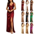 thumbnail image 1 of ChaoHeng Maxi Dresses for Women Maxi Dresses for Women Satin V Neck Sleeveless Pleated High Waist Slit Resort Long Dress Black S, 1 of 9