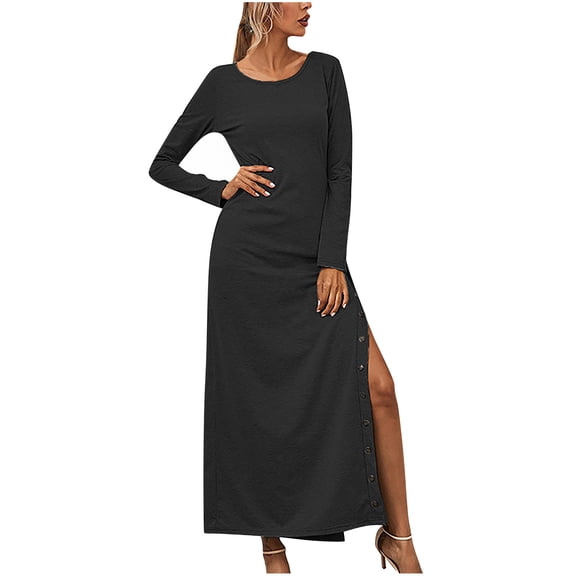 ChaoHeng Plus Size Dresses under $10 Trendy Dresses for Women 2025 Holiday Women Fashion Solid Color Long Sleeve Split Buttons Casual Long Dress