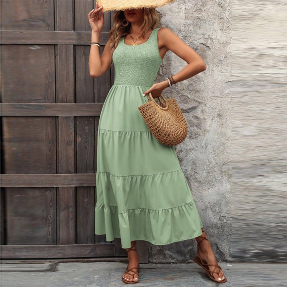 ChaoHeng Plus Size Dresses Clearance under $10 Women's A-Line Slip Dress Ruffled Hem Round Neck, Sleeveless Solid Color,Green XXL