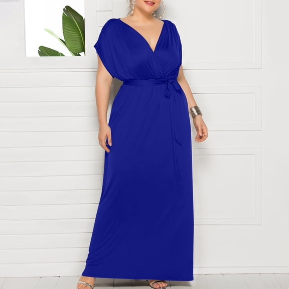 ChaoHeng Plus Size Dresses for Women Casual Fall Fashion for Women 2025 Trendy Dresses Women's Plus-size Solid Color V-Neck Loose Dress Short Sleeve Round Neck Ankle-length Dress