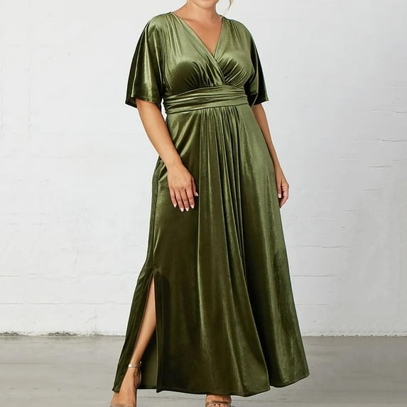 ChaoHeng Plus Size Dresses for Women under $10 Casual Short Sleeve Dresses for Women Women's Short Sleeved V-Neck Waist Cinched Solid Color Velvet Long Skirt Dress