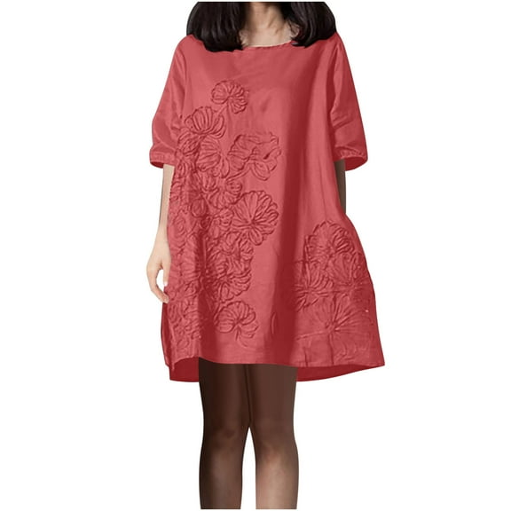 ChaoHeng Plus Size Dresses for Women Fall Casual Fall Dresses for Women 2025 Trendy Women Solid Color Embroidered Round Neck Short Sleeved and Linen Dress