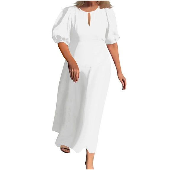 ChaoHeng Plus Size Dresses for Women Fall Short Sleeve Dresses for Women 2025 Casual Summer Fashion Women's Summer Temperament Solid Short Sleeve Round-Neck Dress