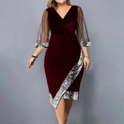 ChaoHeng Plus Size Dresses for Women Fall Short Sleeve Dresses for Women 2025 Women Casual V-Neck Irregular Sequin Mesh Half Sleeve Dress Evening Dresses