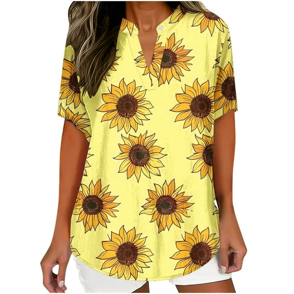 ChaoHeng Plus Size Tops under 10.00 Plus Size Summer Tops with Sleeves Women's Fashion Printed Loose T-Shirt Buttons Short Sleeve Blouse V-Neck Casual Tops