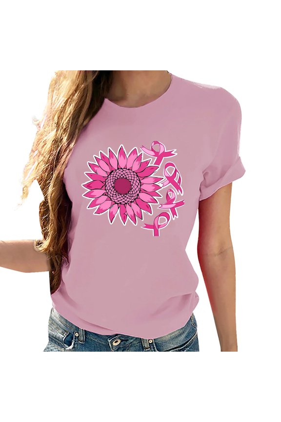 Plus Size Tops Ladies' Round-neck Breast Printed Short-sleeved T-shirt Top Pink S