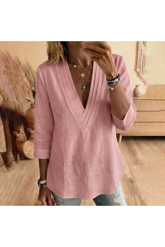 Plus Size Tops Off The Shoulder Tops for Women Pleated Collar Cotton Linen 3/4 Sleeve Solid Casual Blouse Pink S