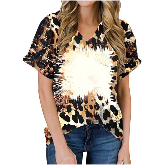 ChaoHeng Plus Size tops Short Sleeve Print tops for Women Women's tops Women's Fashion Casual Loose Blouse Printing V Neck T-Shirt Blouse Print Tee