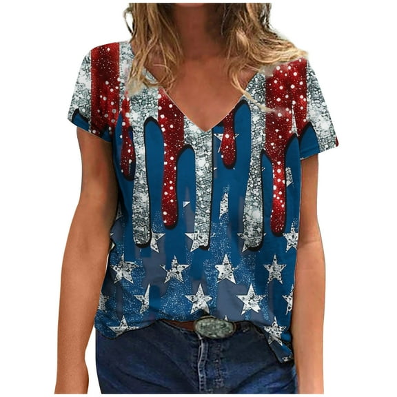 ChaoHeng Plus Size Tops Short Sleeve Summer T-Shirts for Women 2025 Independence Day Women's Top Short Sleeved Fashionable Printed V-Neck Short Sleeved T-Shirt