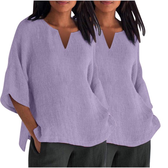 ChaoHeng Plus Size Women Tops Short Sleeve on Summer Blouses and Tops 2PC Women's Fashion Summer V Neck Leisure Three-quarter Sleeve Solid Tops