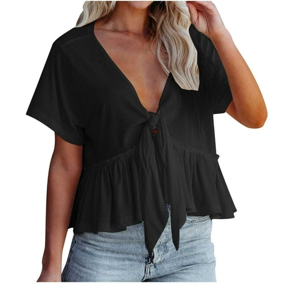 ChaoHeng Plus Size Women Tops Short Sleeve on Summer T Shirts Women Women's Solid Color Short Sleeve V Neck Blouses Ruffle Hem Tie Front Crop Summer Tops