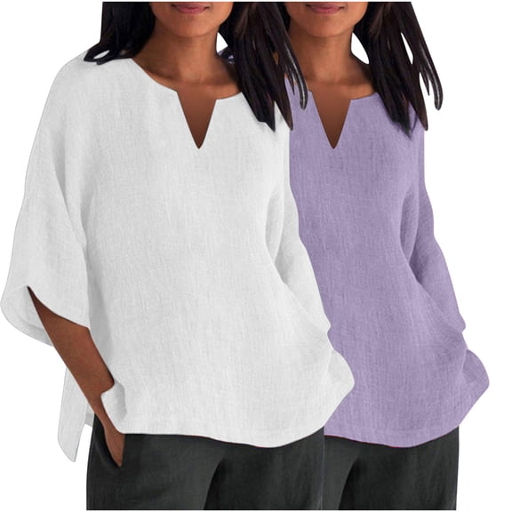 ChaoHeng Plus Size Women Tops Short Sleeve on Trendy Blouse Plus Size 2PC Women's Fashion Summer V Neck Leisure Three-quarter Sleeve Solid Tops