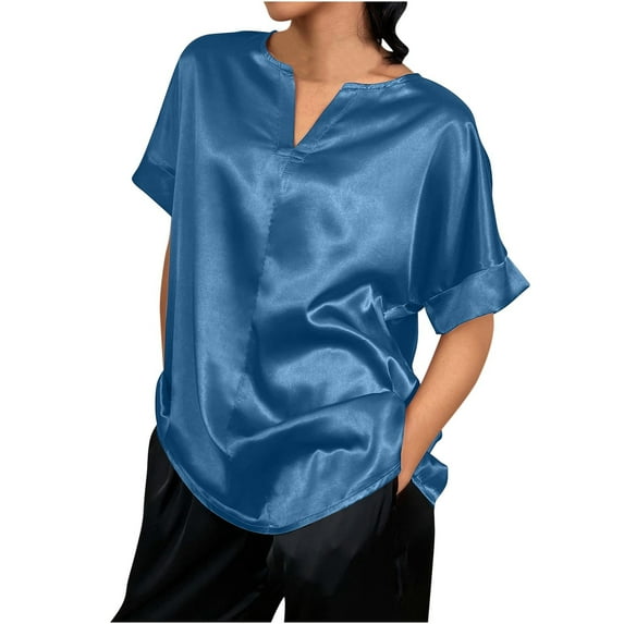ChaoHeng Plus Size Women Tops Short Sleeve Women's Cap Sleeve Silk Tops V Neck Satin Blouse Solid Color Elegant Loose Shirts,up to 55% off