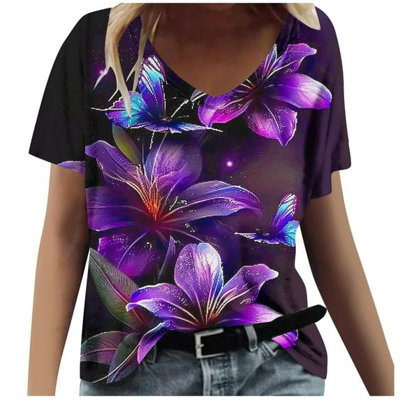 ChaoHeng Plus Size Women Tops and T-Shirts for Fall Summer Blouses for Women Fashion Women Summer Print V-Neck T-Shirt Short Sleeve Casual Blouse