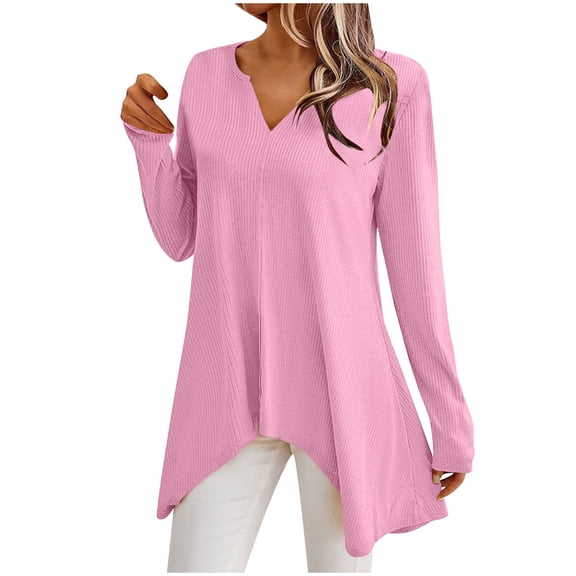 ChaoHeng Plus Size Women Tops and T-Shirts for Fall Summer Tops for Women under $10 Ladies' Fashion Flared Cuffed Casual Solid Long Sleeve V-Neck Blouse/Shirt Tops