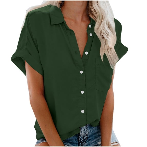 ChaoHeng Plus Size Women's Spring and Summer Basics New Trendy,Fashion Woman Causal Button Solid Blouse Short Sleeve T-Shirt Summer Tops(Green,XL)
