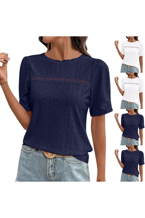 Short Sleeve Tops for Women Short Sleeve Tops for Women Hollow Lace Ruffle Collar Puff Short Sleeve Casual Blouse White S