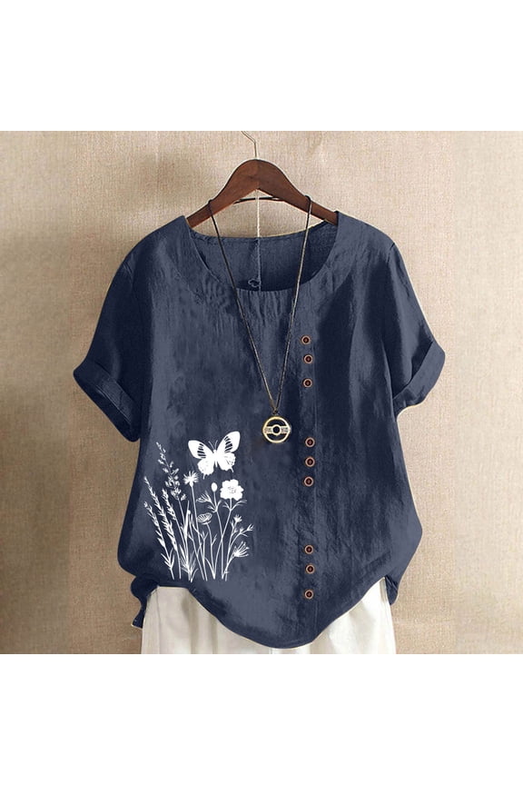 Short Sleeve Womens Tops Plus Size Women's Plus Size Floral Print T-Shirt Linen-Look Button Detail Top